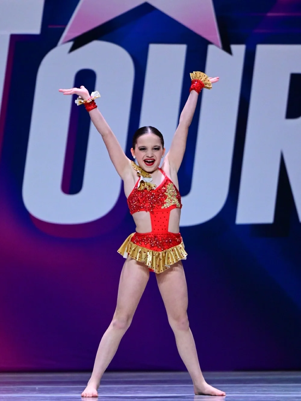 Bedazzled Red and Gold Sequin Dance Costume with Ruffled Skirt